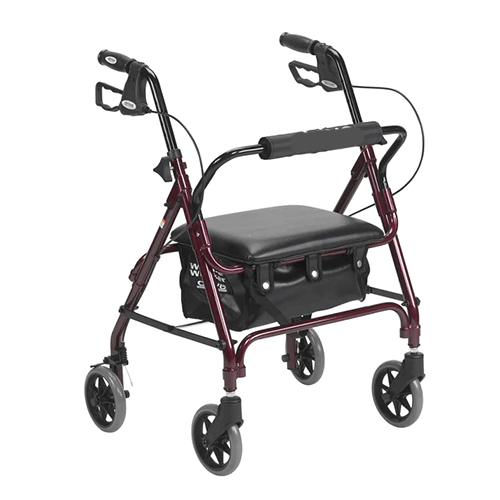 Junior Rollator with Padded Seat – Smaller Frame, 18" Seat Height, Red