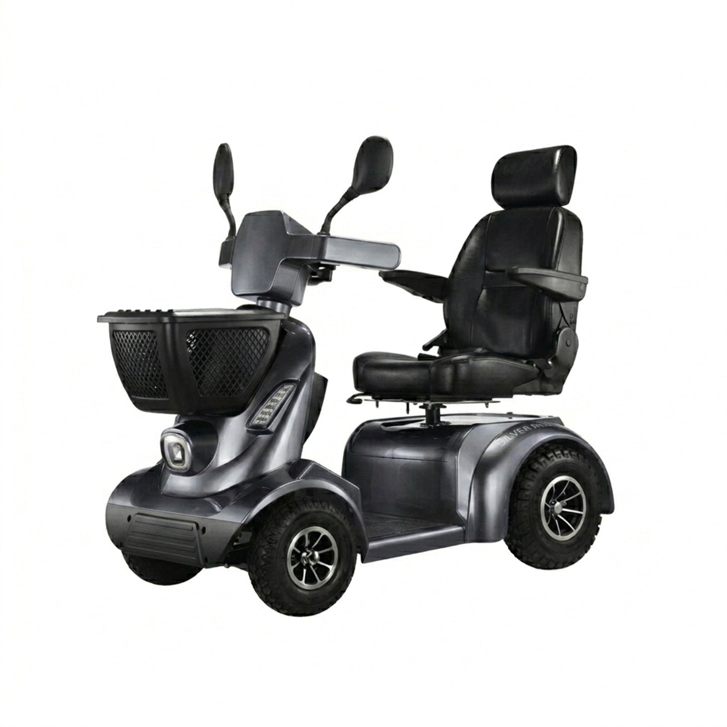 Black mobility scooter with large wheels on a white background