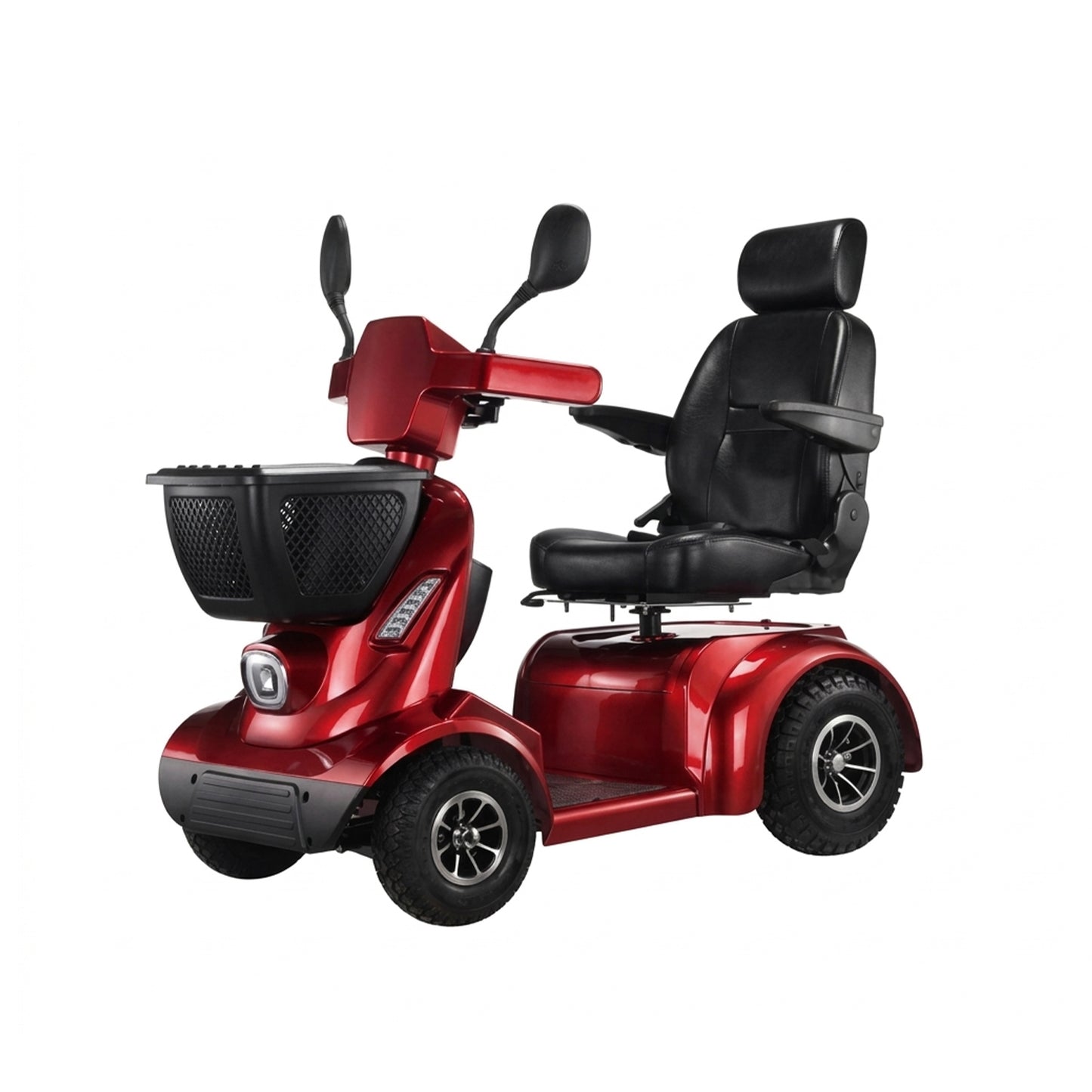 Red mobility scooter with black seat on a white background