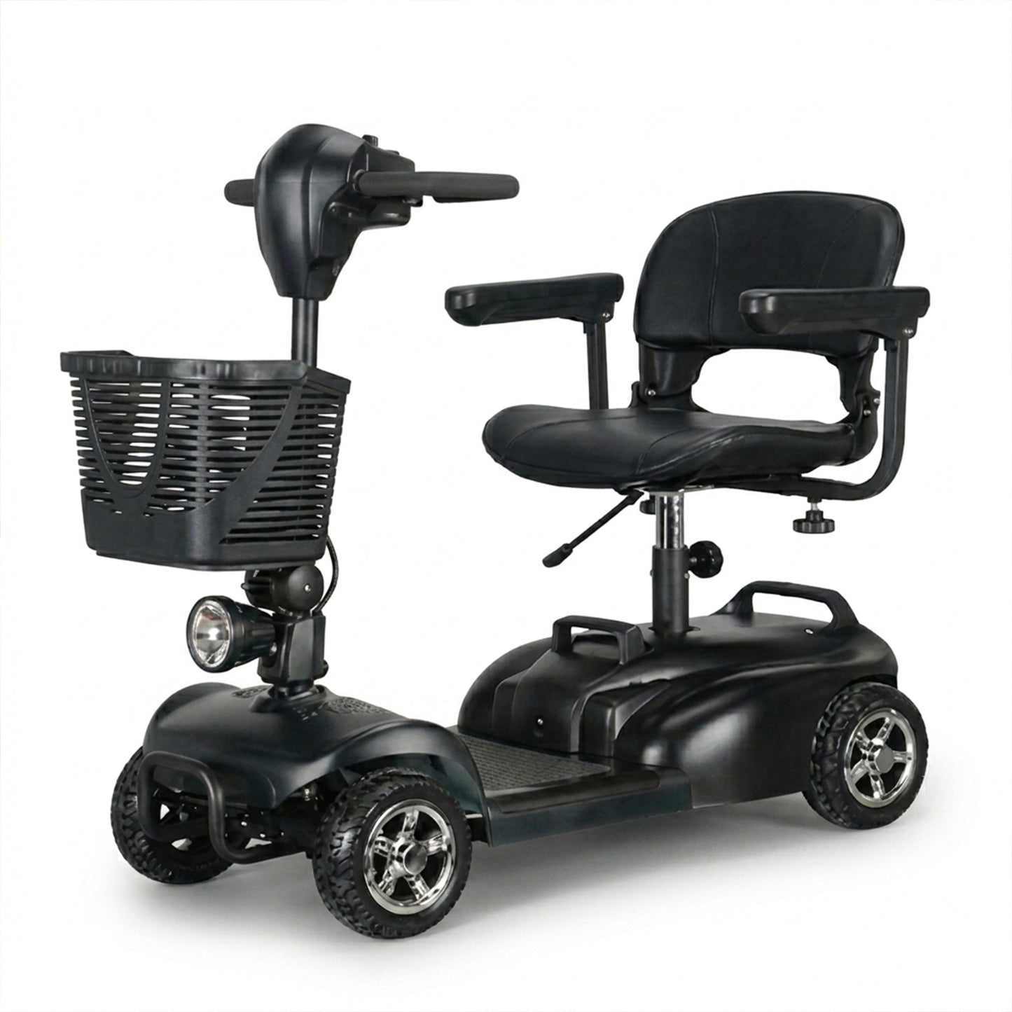 Black mobility scooter with a basket on a white background