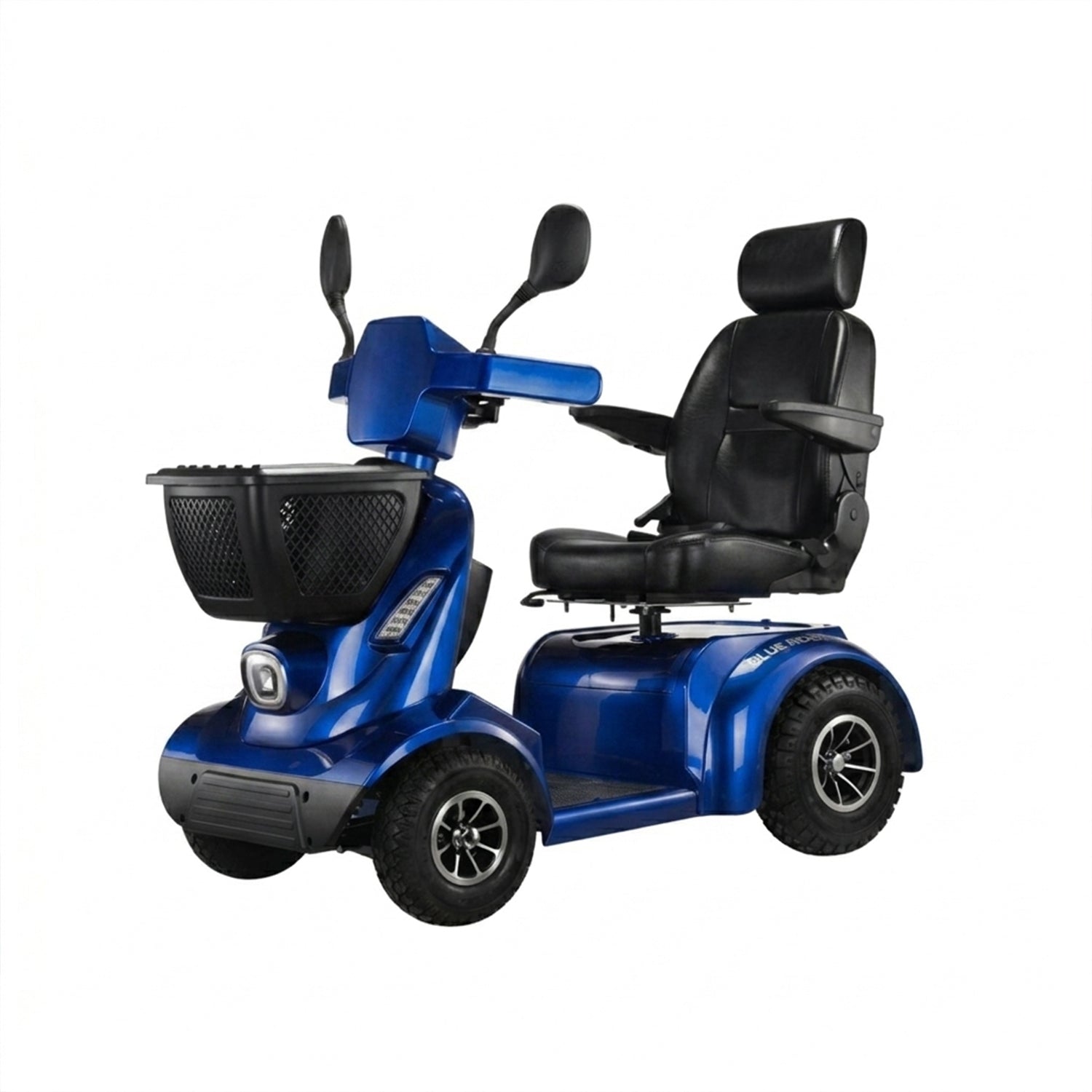 Blue mobility scooter with black seat on a white background