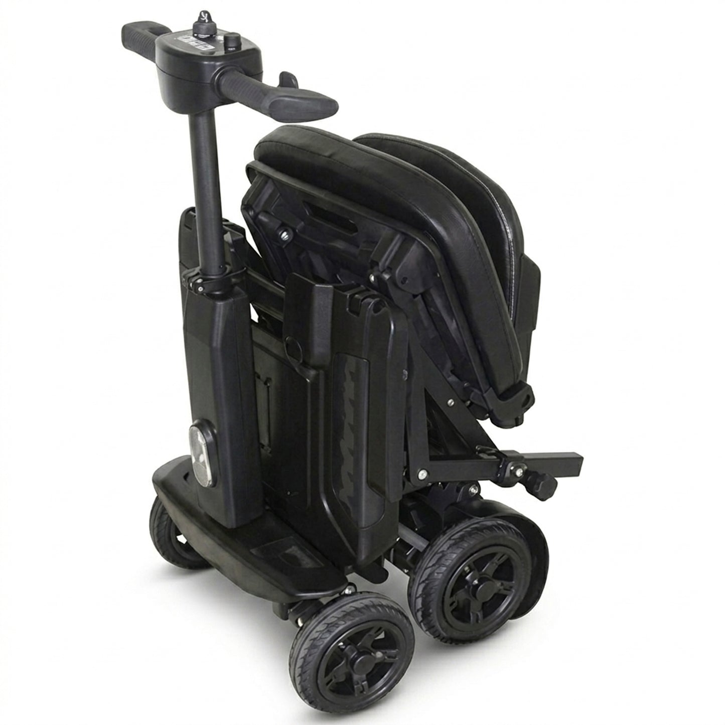 Black scooter with folded seat on a white background