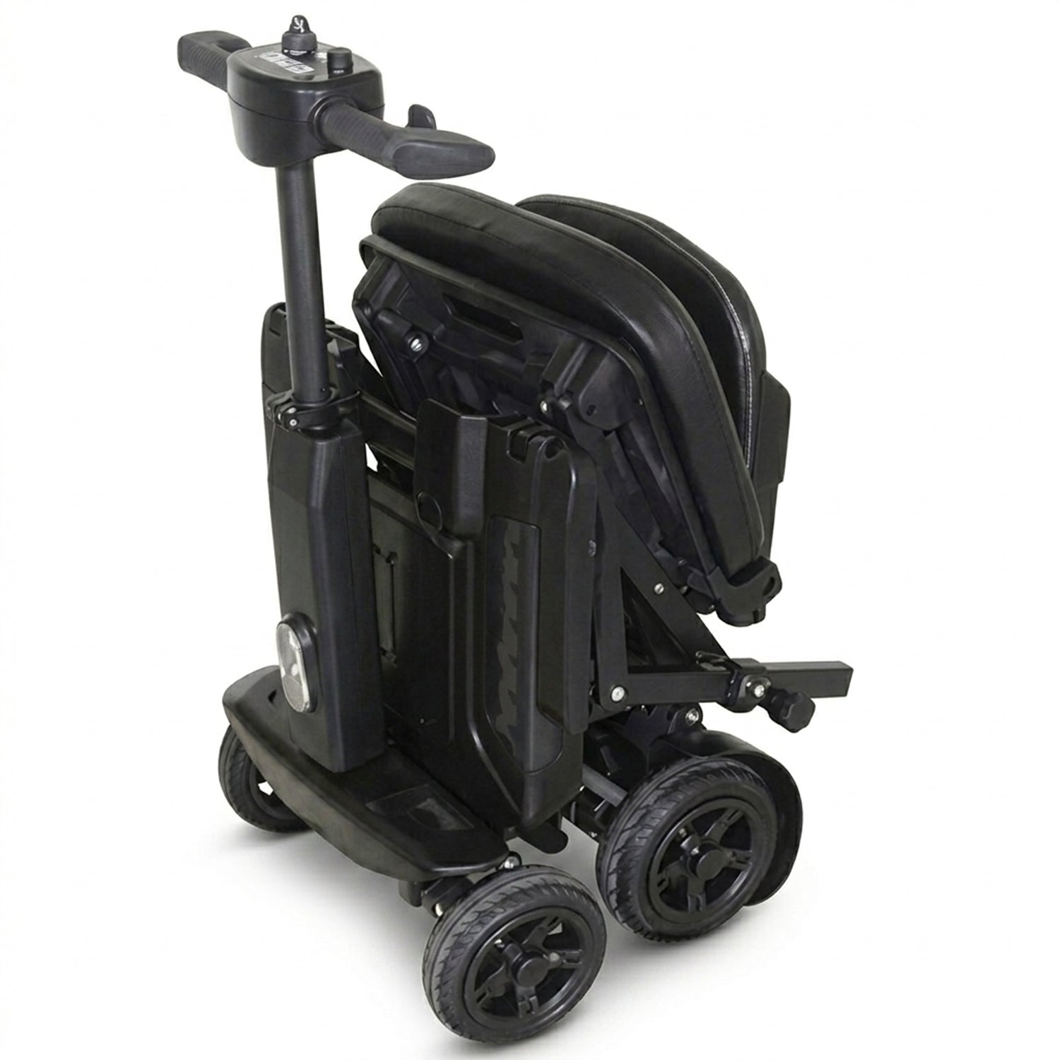 Black scooter with folded seat on a white background