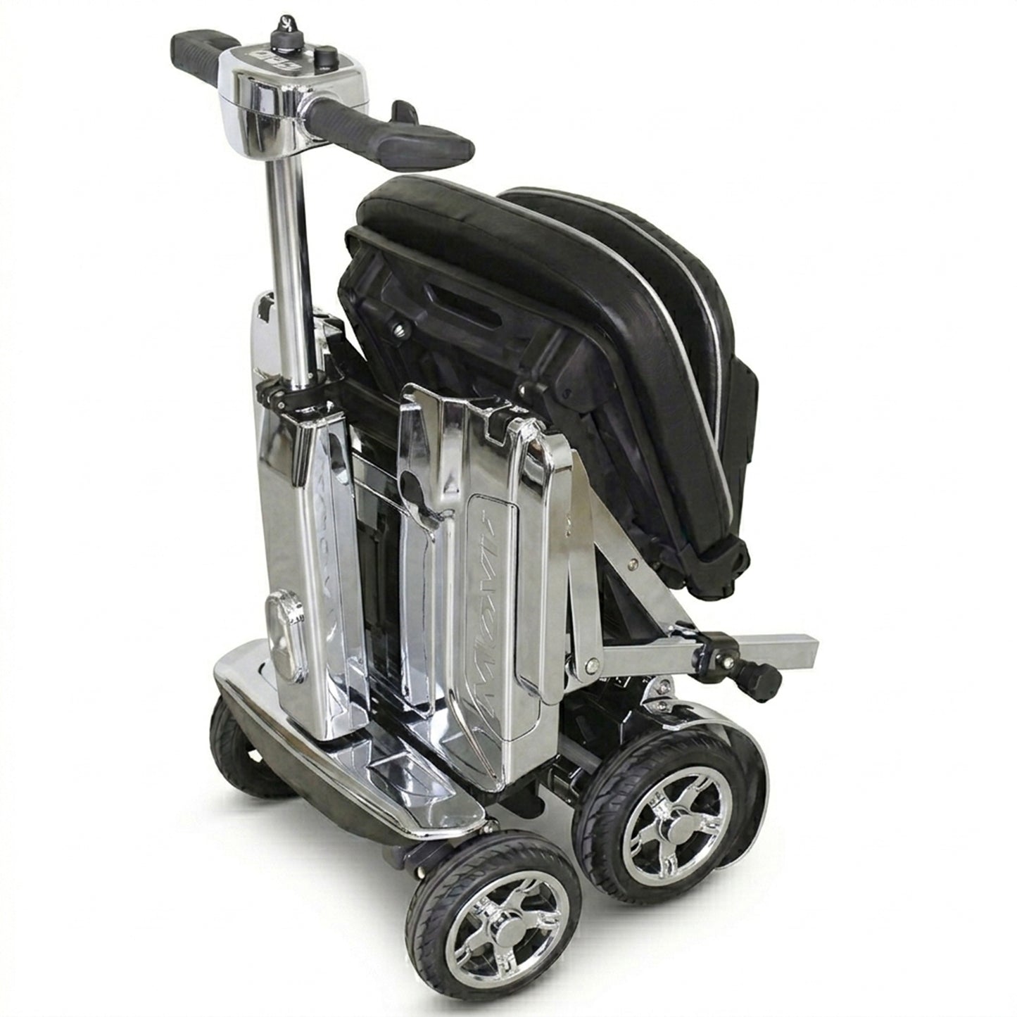 Portable scooter with folded seat on a white background