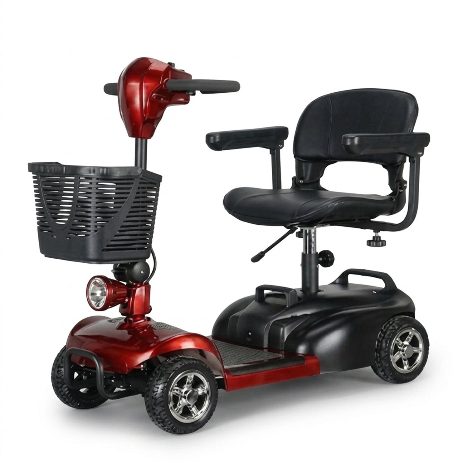 Red and black mobility scooter with a basket on a white background