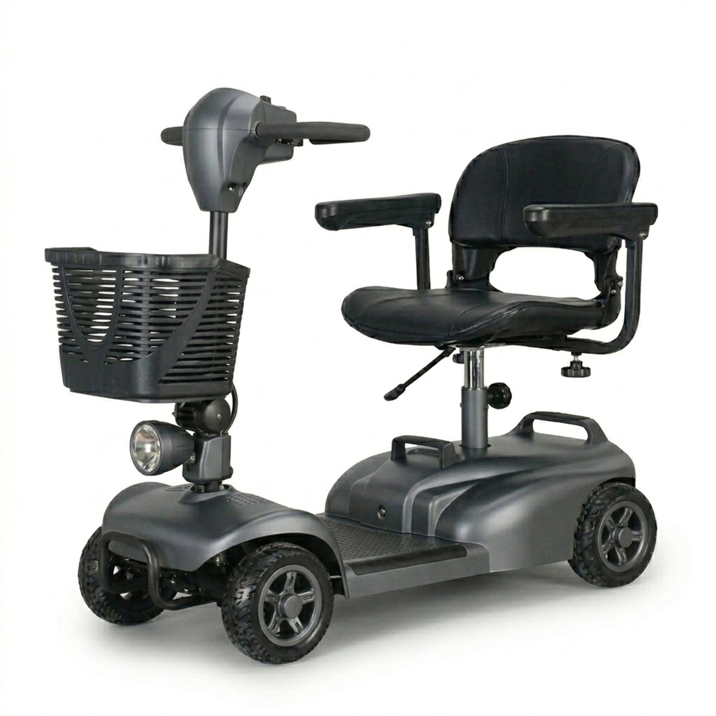 Gray mobility scooter with black seat and basket on a white background