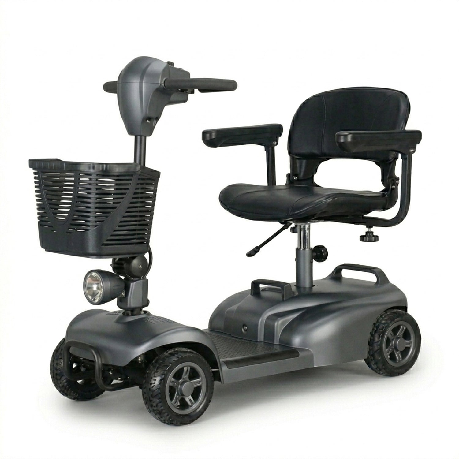 Gray mobility scooter with black seat and basket on a white background
