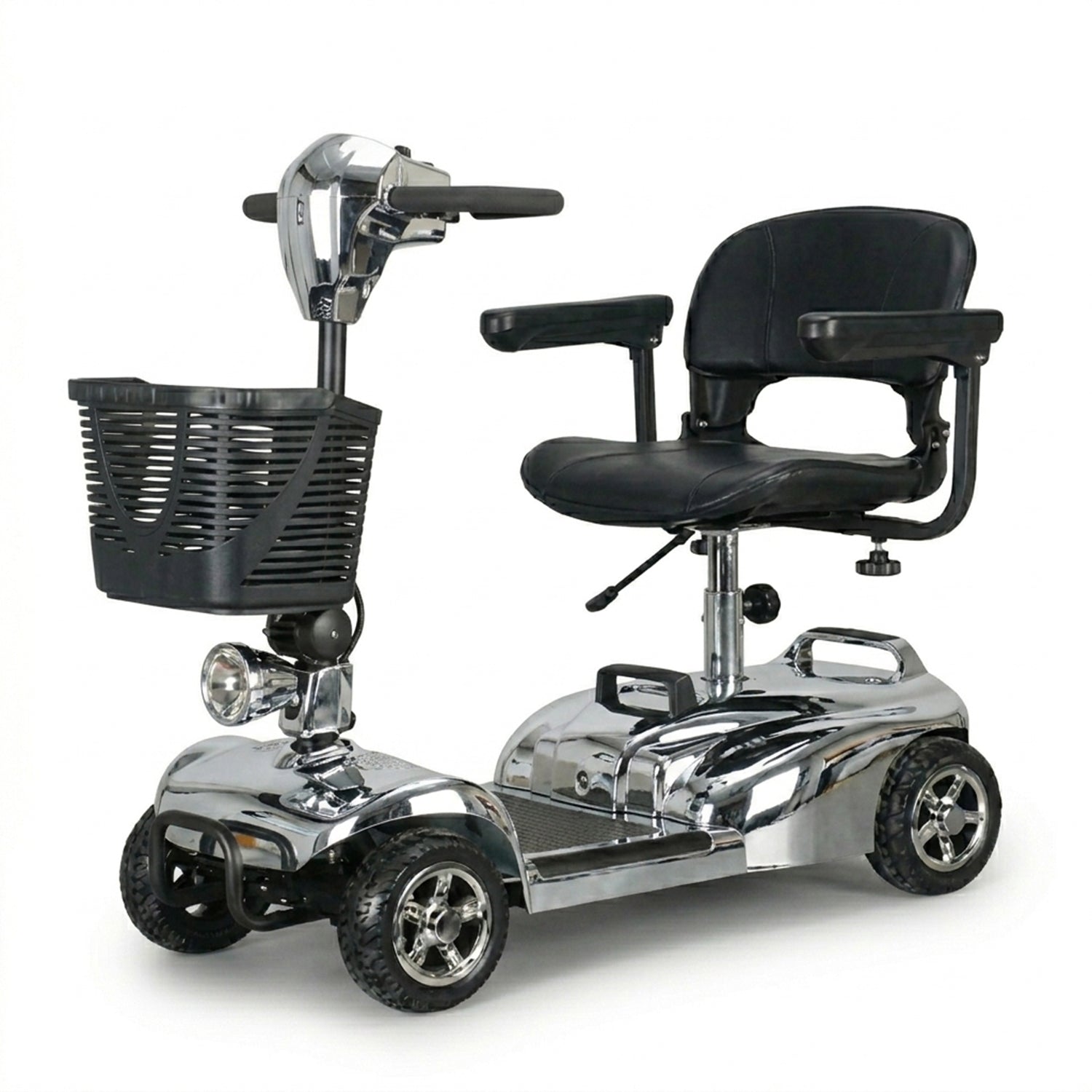 Chrome mobility scooter with black seat and basket on a white background