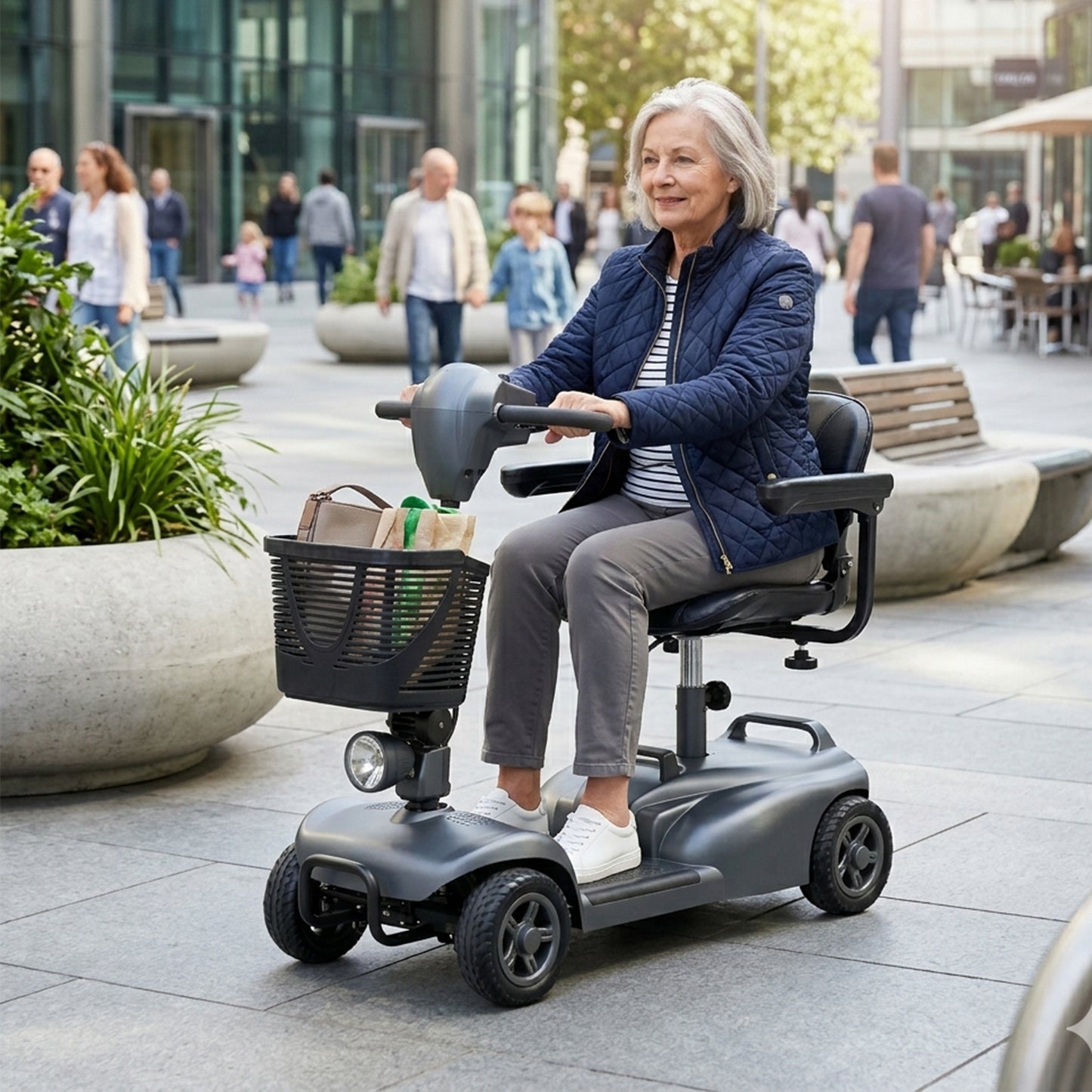 Woman using a mobility scooter in an urban setting