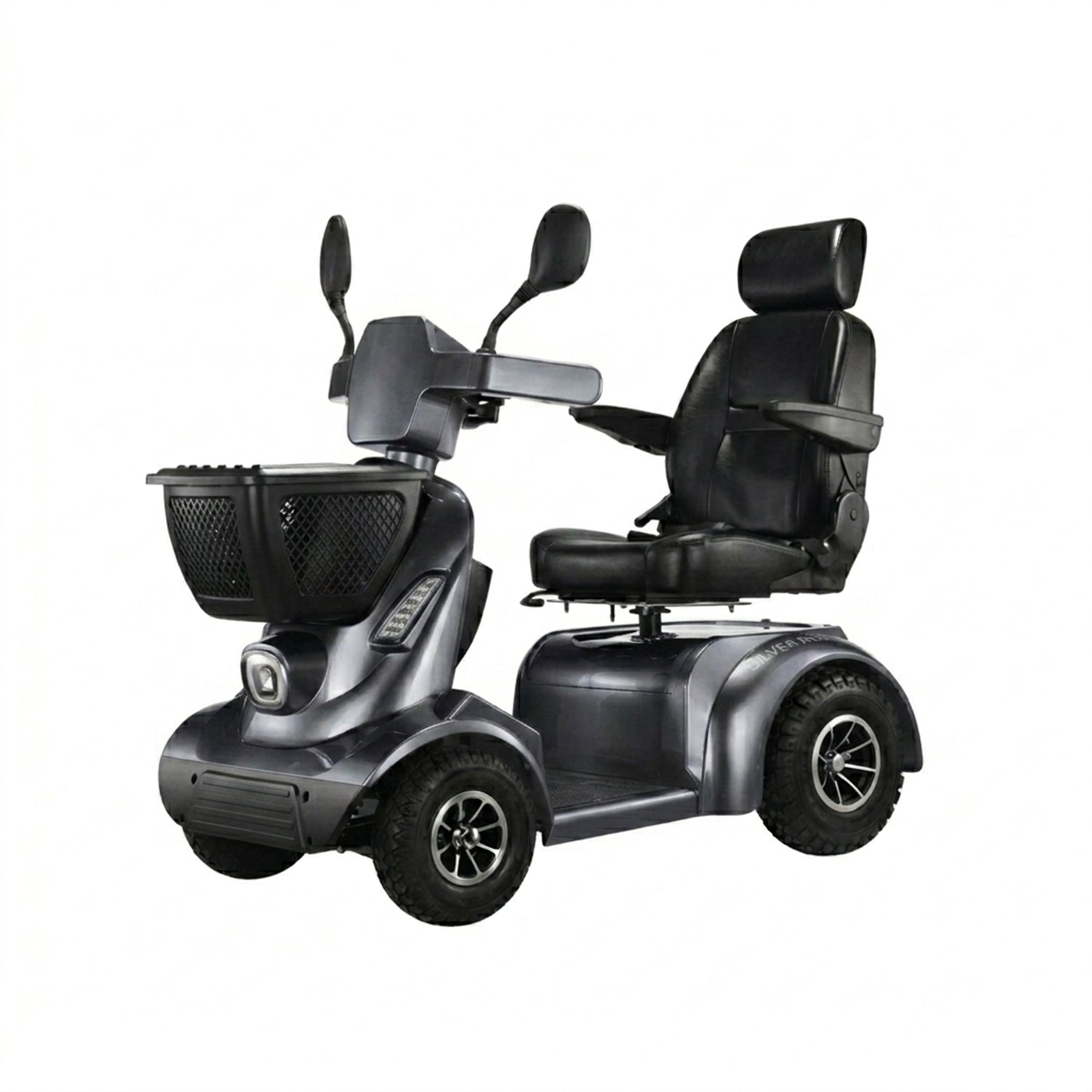Black mobility scooter with large wheels on a white background